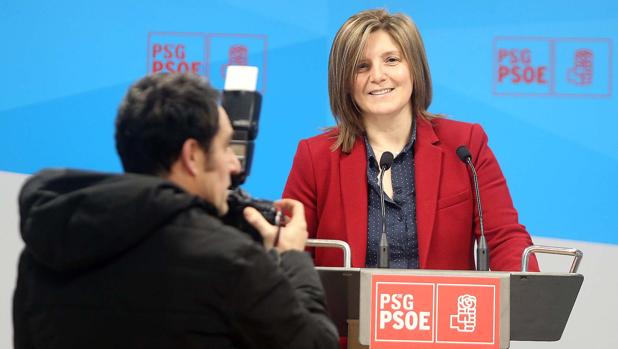 La presidenta de la gestora del PSdeG, Pilar Cancela, durante la rueda de prensa este lunes en O Pino