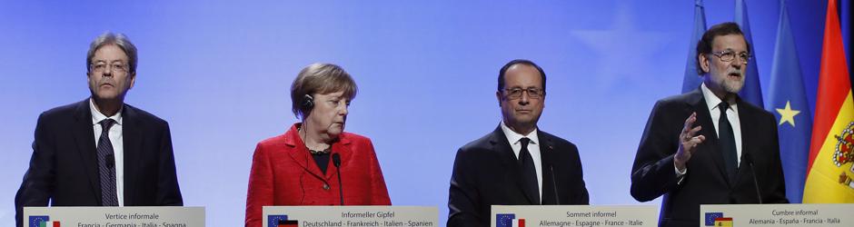 El primer ministro italiano, Paolo Gentiloni; la canciller alemana, Angela Merkel; el presidente de Francia, François Hollande, y el presidente del Gobierno, Mariano Rajoy