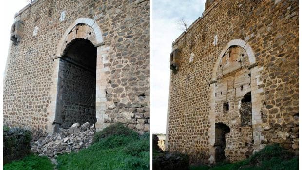 Imagen del antes y depués del derrumbe en el castillo de Montalbán