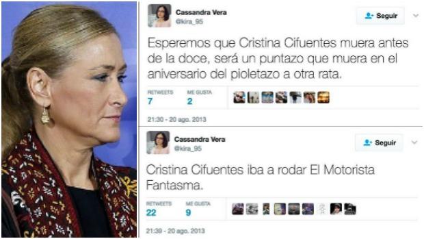 Cifuentes y dos de los tuits que le dedicó Cassandra