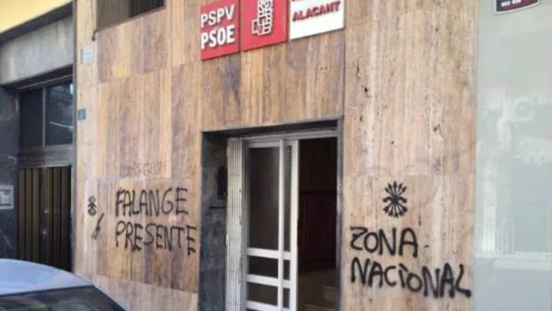 Aparecen pintadas «falangistas» en las sedes de PSOE, Podemos, Compromís y el PCE en Alicante
