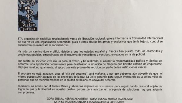 La carta enviada por ETA a la cadena británica BBC