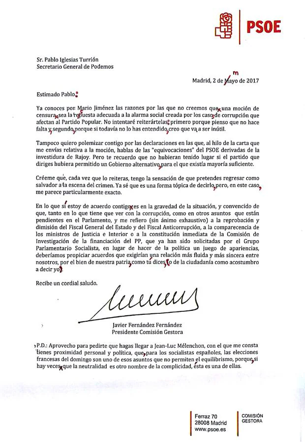 Las erratas de la carta del PSOE a Pablo Iglesias