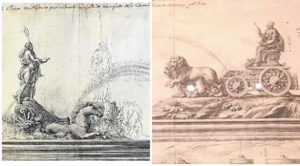 Los planos que diseñó Ventura Rodríguez para elaborar las fuentes de Neptuno (a la izquierda) y la diosa Cibeles