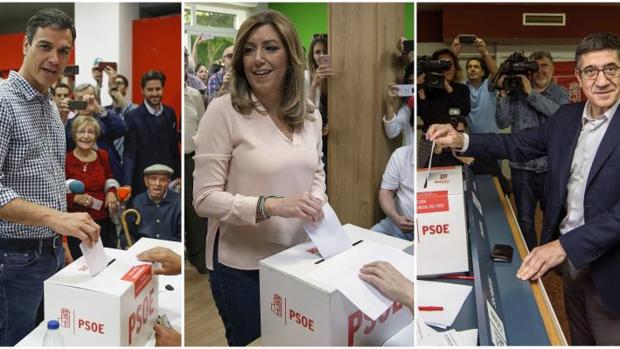 Los tres candidatos a la secretaría general del PSOE, Susana Díaz, Pedro Sánchez (i) y Patxi López,