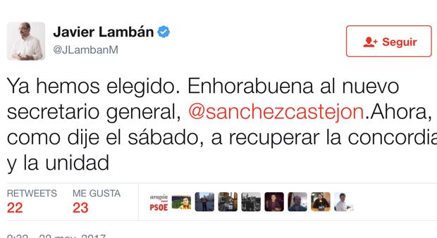 Lambán ofrece «concordia» a Pedro Sánchez y llama a la «unidad» en el PSOE