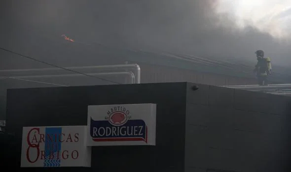 Un bombero durante la extinción del incendio que destrozó la fábrica de Embutidos Rodríguez en 2016