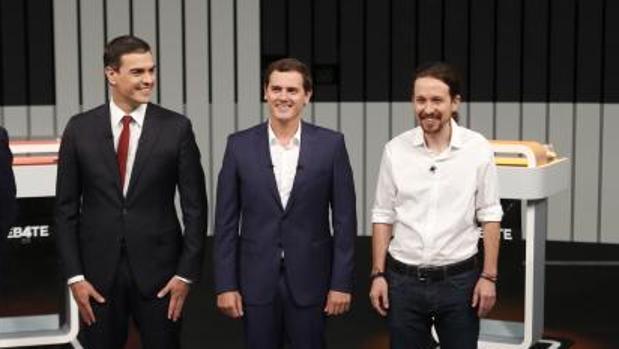 Sánchez, Rivera e Iglesias, en el debate electoral televisado en 2016