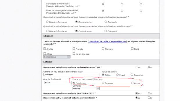 Captura de pantalla del registro de la web de la Secretaría de Universidades de la Generalitat de Cataluña