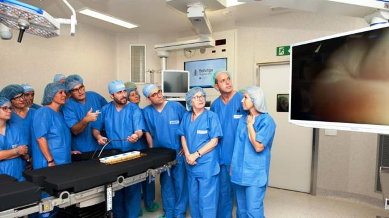 El consejero Comín, en el centro, junto al equipo médico de Bellvitge en la inauguración de los quirofanos