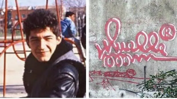 Juan Carlos Argüello «Muelle» (izquierda) y su grafiti más representativo en Madrd