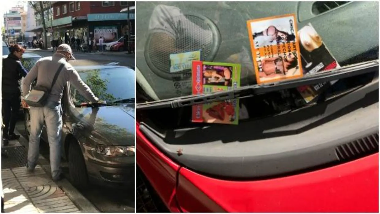 Una pareja coloca publicidad en los coches; al lado, un parabrisas con varios de estos anuncios