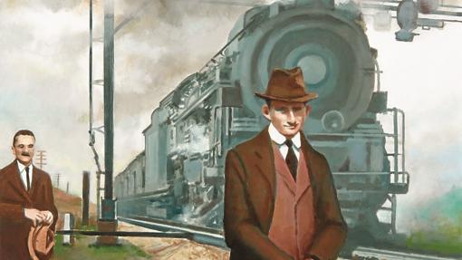 Dos hombres posan junto a un tren en un cuadro
