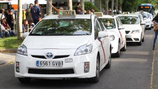 Una fila de taxis circula por Madrid