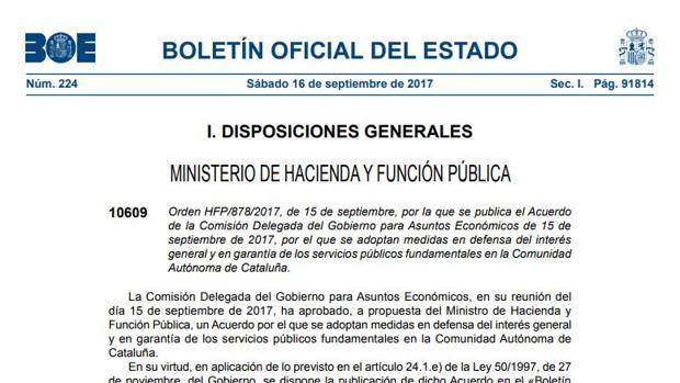 El BOE publica el acuerdo que interviene las cuentas de la Generalitat