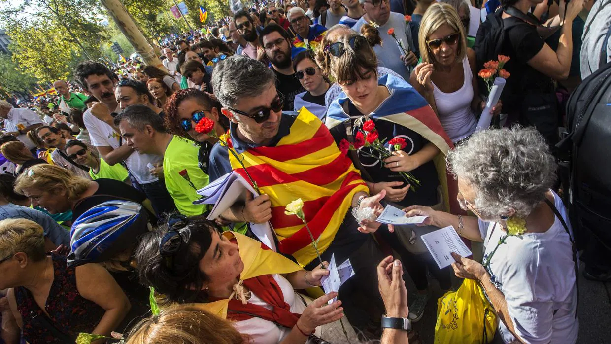 Un hombre reparte papeletas en Barcelona para votar en el referéndum ilegal del 1 de octubre