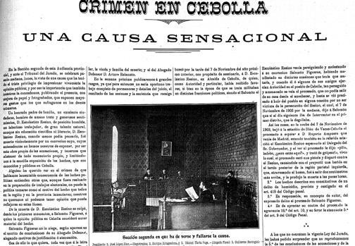 Recorte del semanario «El Heraldo Toledano» dando cuenta del inicio del juicio por el asesinato de Escolástico Resino, con una imagen de la sala donde se celebraría la vista