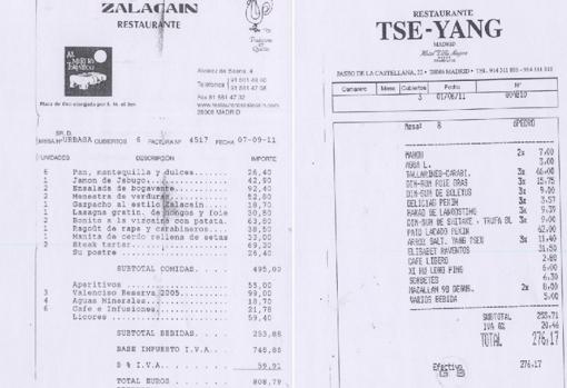 Facturas de comidas en los restaurantes Zalacaín y Tse Yang