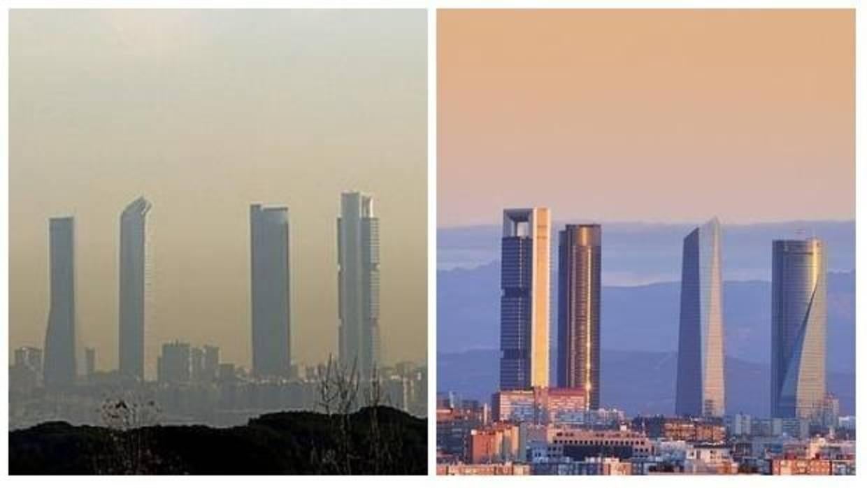 A la izquierda, vista de la cuatro torres de la Castellana en un día de contaminación alta. A la derecha, sin polución