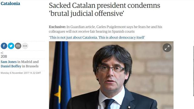 Puigdemont, en «The Guardian»: «Este colosal atropello judicial tendrá serias consecuencias»