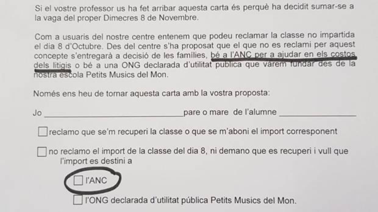 El comunicado remitido por el centro a las familias con motivo de la huelga