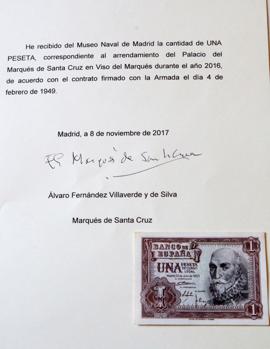 Recibí de una peseta firmado este miércoles por el marqués de Santa Cruz
