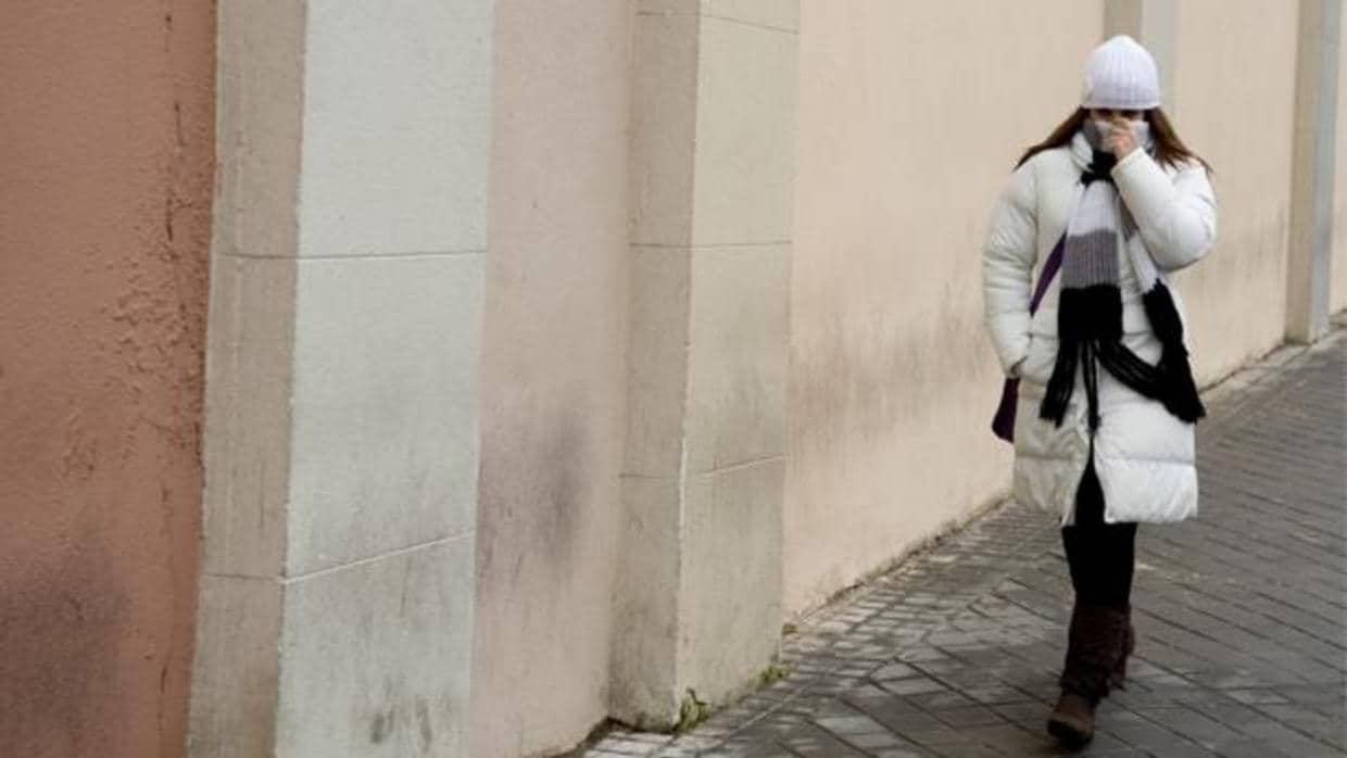 Una mujer camina fuertemente abrigada por una calle de Madrid