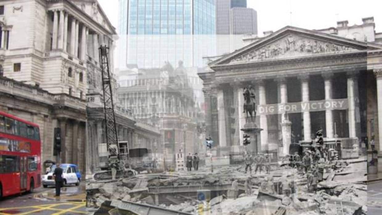 Imágenes yuxtapuestas de la ciudad de Londres bombardeada en 1941 y ahora