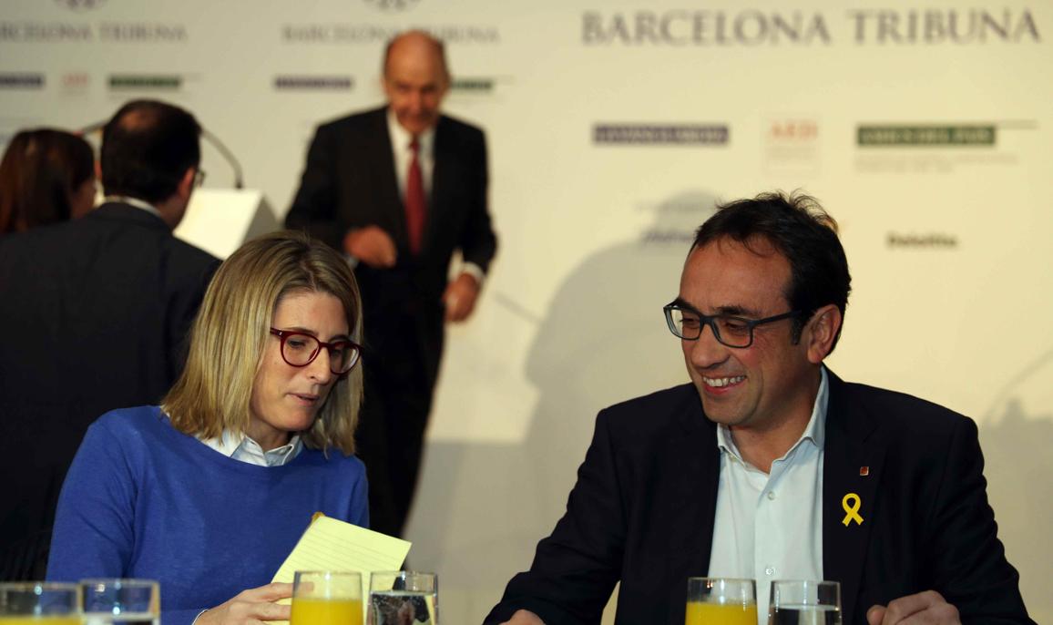 Elsa Artadi y Josep Rull, en un desayuno informativo