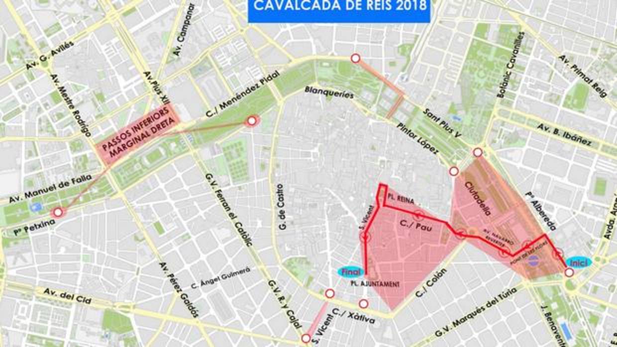 Imagen del recorrido de la Cabalgata de Reyes de Valencia