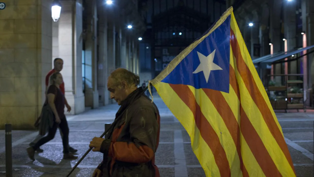 Un militante porta una estelada en las afueras del Parlament, el día que proclamó de forma unilateral la independencia de Cataluña