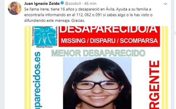 El ministro del Interior pide apoyo para encontrar a una menor de 16 años desaparecida en Ávila