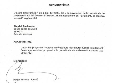Convocatoria de la investidura de Puigdemont firmada por Torrent