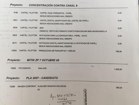 Factura de la protesta contra Canal 9 y del alquier de máquina Solarium