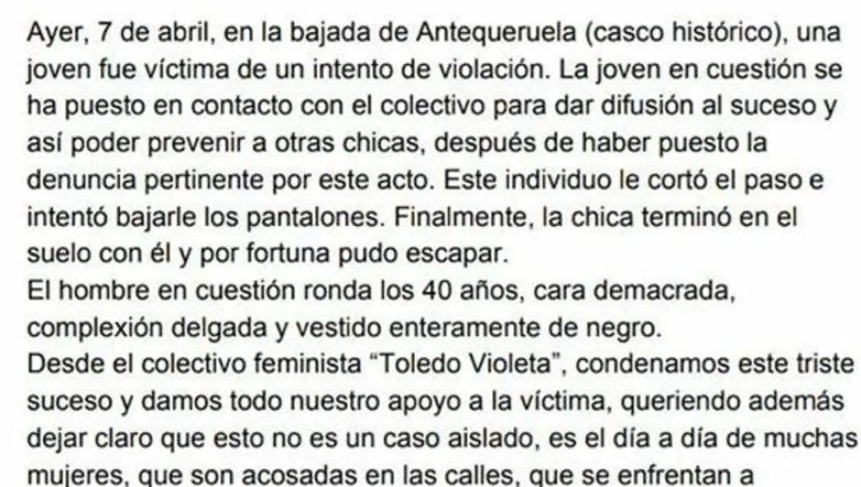 Extracto de la publicación en el Facebook de «Toledo Violeta»