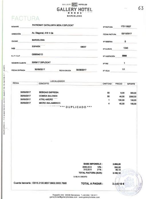 Factura de 3.180 euros en comida y bebida en un hotel de Barcelona