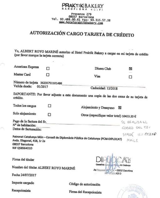 Autorización para cargar en la tarjeta de crédito más de 10.000 euros en habitaciones de hotel