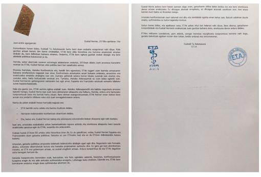 Imagen de la carta en la que ETA anuncia su disolución