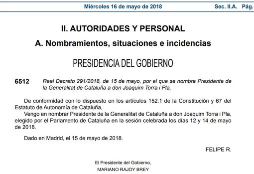 Rajoy firma el decreto de nombramiento de Torra al no detectar hasta ahora «ilegalidad»