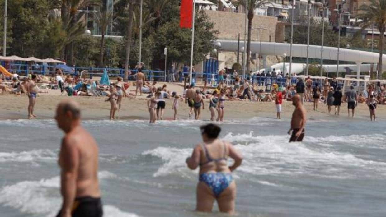 Una playa alicantina con bandera roja por la alerta de carabelas portuguesas