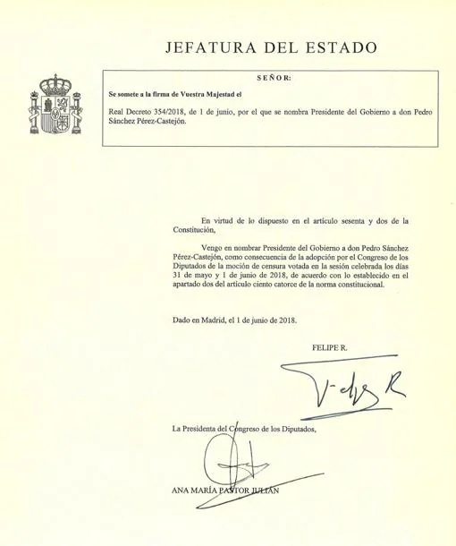 Real Decreto por el que se nombra presidente a Pedro Sánchez