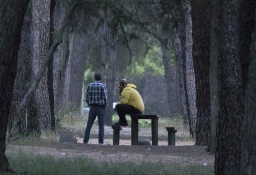 Dos hombres en mitad del pinar, donde se desarrolla el «cruising»