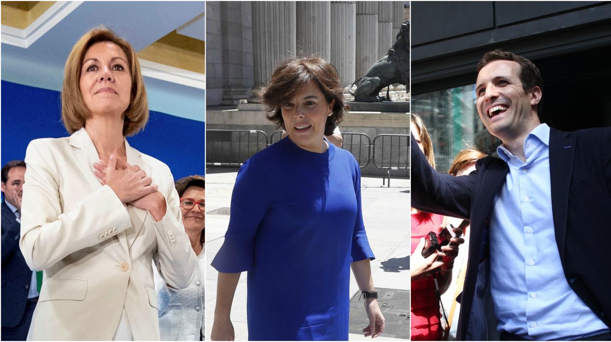 De izquierda a derecha, María Dolores de Cospedal, Soraya Sáenz de Santamaría y Pablo Casado