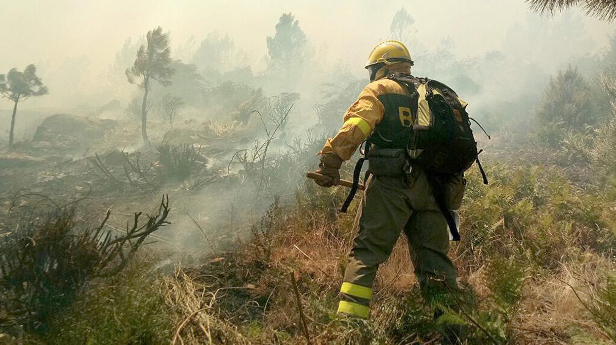 Un bombero intenta extinguir el fuego de Casavieja, el pasado jueves