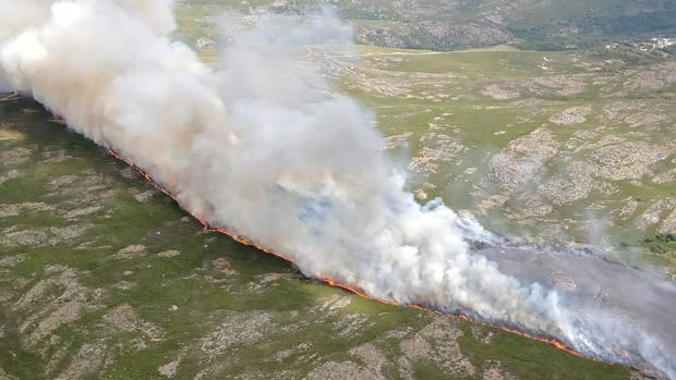 Medios aéreos y terrestres trabajan en un fuego activo en Villalcampo (Zamora)