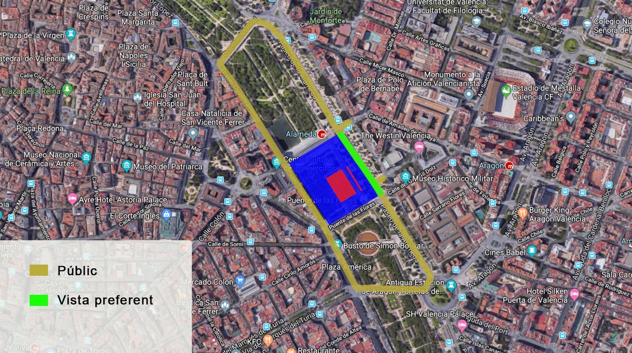 Mapa de la ubicación del castillo pirotécnico de la celebración del 9 d'Octubre en Valencia