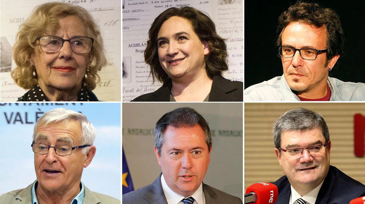 Los alcaldes de Madrid, Barcelona, Cádiz (arriba), Valencia, Sevilla y Bilbao