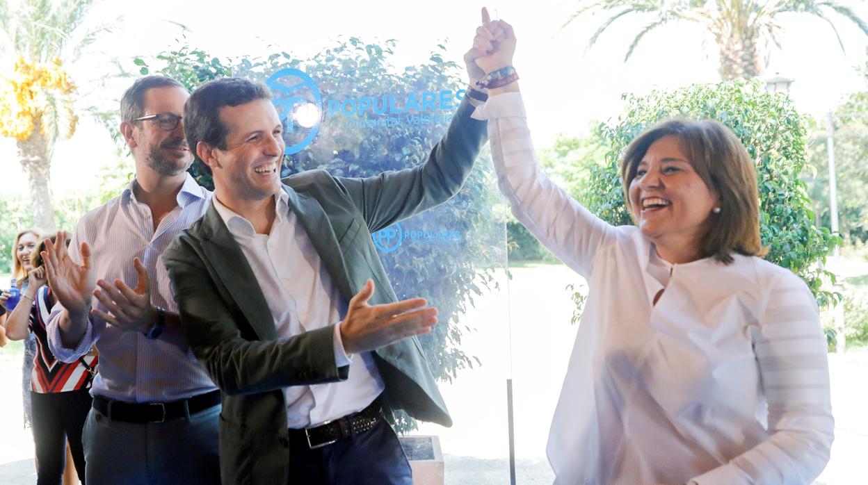 Pablo Casado, Javier Maroto en Isabel Bonig, durante el acto de inicio de curso político en Valencia