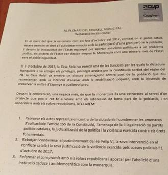 Texto íntegro con la declaración institucional propuesta por la CUP