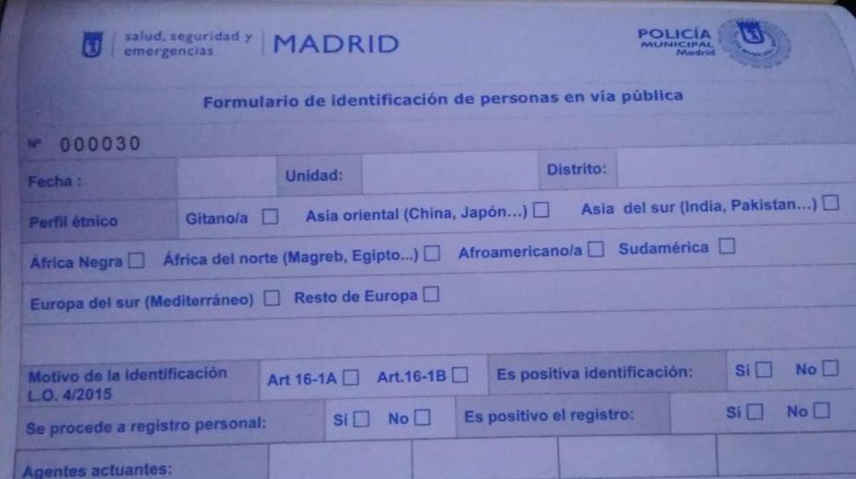 Formulario de identificación de personas en vía pública que debe rellenar la Policía Municipal